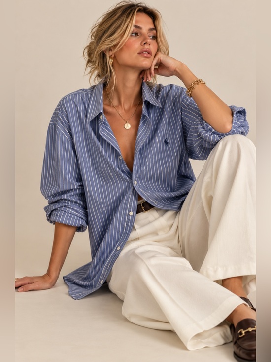 Ralph Lauren Tops - Ralph Lauren Blake Blue Stripe Cotton Oversized Boyfriend Shirt Women M Preppy